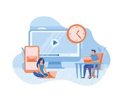 Tiny business people watching at digital devices screens and clock. Screen addiction, digital overload, information overload implications concept. flat modern illustration vector