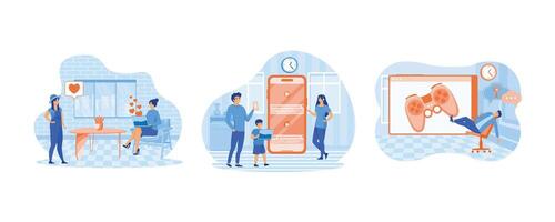 Tiny business people watching at digital devices screens and clock. Idea creative concept design. Digital overload concept. Set flat modern illustration vector