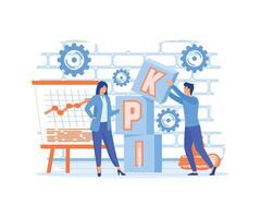 KPI. A woman and a man put the word KPI together with cubes. flat modern illustration vector