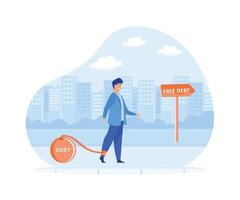 Debt Free concept. Businessman in face mask tied by a burden with debt text and walking toward debt free signpost. flat modern illustration vector