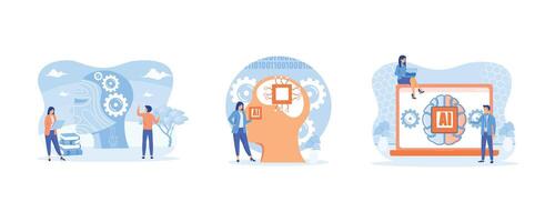 Business with Gears at Huge Cyborg Head. Artificial Intelligence concept. Digital brain with neural network on laptop screen. Set flat modern illustration vector