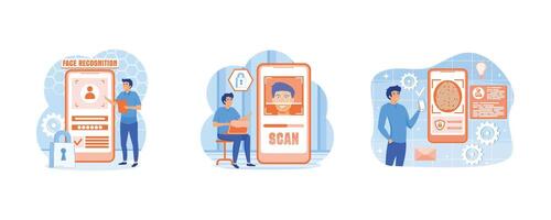 Man standing with a phone, identifies a face. Face recognition concept. Face recognition system development online service or platform. Set flat modern illustration vector