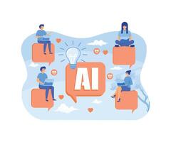 People chatting with AI chat bot and get smart solution. Artificial Intelligence robot communicate with human natural language provide smart solutions. flat modern illustration vector