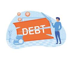 Cut debt. Businessman cutting the word debt with a sword. Money flying around. Reduce, slice and get rid of debt concept. flat modern illustration vector