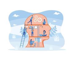 Self development, profile of human head with people developing mental issues. Woman starting cognitive wheels, male painting picture, ladders to success. flat modern illustration vector