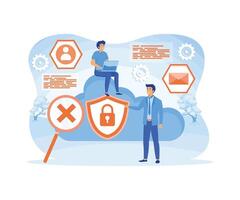 Man holding security shield and developer using laptop. Data and applications protection, network and information security, safe cloud storage concept. flat modern illustration vector