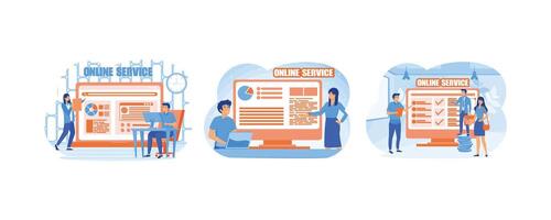 Business conveyor online service or platform. Task distribution online service or platform. Personnel screening online service or platform. Set flat modern illustration vector