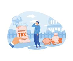 Entrepreneur holding saving piggybank looking at tax bills. Tax burden or debt to pay for income tax, financial charge and duty to pay for government. flat modern illustration vector