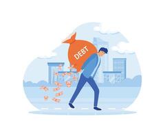 Debt burden, financial obligations or loan payments, mortgage or money loan problem concept, businessman carrying big debt money bag losing banknotes. flat modern illustration vector