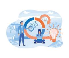 Scrum framework concept. Man and woman with laptop near gears and hourglass. Organization of effective workflow and time management. Software development scheme. flat modern illustration vector