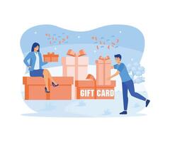 Gift card or discount coupon. Man and woman standing next to boxes and presents with ribbon and bow. Special offer from stores to congratulate client on his birthday. flat modern illustration vector