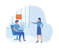 Job interview. Of a man talking to a young woman with laptop. flat modern illustration vector