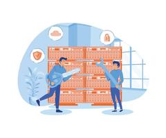 Server Security Concept, Showing the server is being maintained by a network administrator, Suitable for landing page. flat modern illustration vector