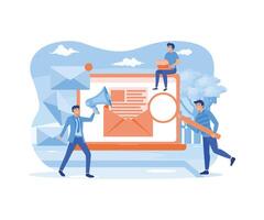 Composition with giant tablet PC, letter in envelope on screen, group of working people or team of marketers. Email marketing internet advertisement, online promotion. flat modern illustration vector