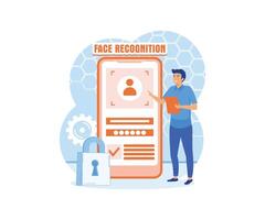 Man standing with a phone, identifies a face. Concept of facial recognition, face ID system, biometric identification. flat modern illustration vector