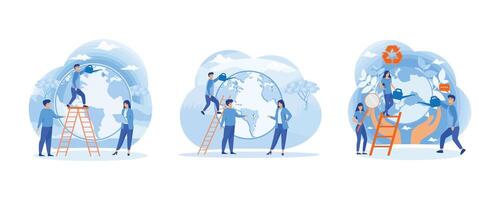 Little men prepare for the day of the Earth. People of World Water Plant for Ecology Celebration Preparation in April. Environmental protection, renewable energy. Set flat modern illustration vector