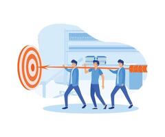 Business Goals Achievement Concept. Businesspeople Team Carry Huge Arrow with Businessman Standing on it Running to Huge Target. flat modern illustration vector