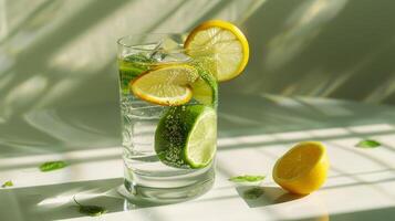 Glass with water and lemon photo