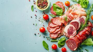 Top view with variety meat products on the pastel background photo