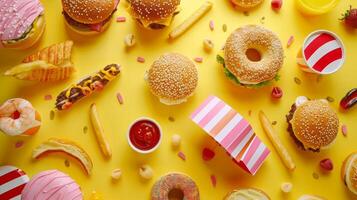 Variety junk food products on the top view background photo