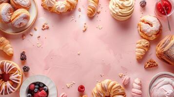 Top view background with a variety of bakery products and bread photo