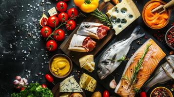Variety of fresh fish products on the top view background photo