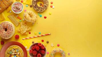 Variety junk food products on the top view background photo