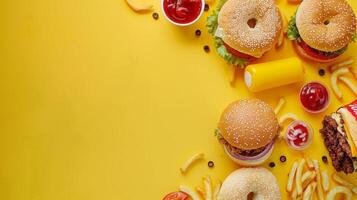 Variety junk food products on the top view background photo