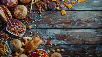 Variety junk food products on the top view background photo