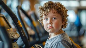 An overweight boy does sports in the gym photo