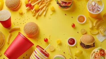 Variety junk food products on the top view background photo