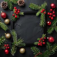 Christmas tree and decoration top view background photo