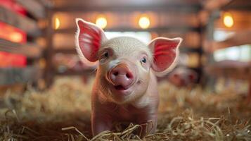 Small Pig Standing on Pile of Hay photo