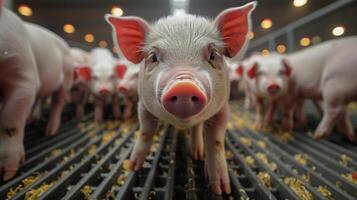 Group of Pigs Standing on Conveyor Belt photo