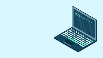 Isometric laptop animation. 3d isometric laptop computer. Abstract programming language and program code on a laptop screen. 4K animated in isometric style video