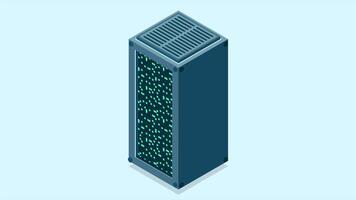 Isometric server animation. Network server room. 3D computer equipment. Storage database. Isometric technology. 4K animated in isometric style video