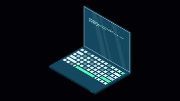 Isometric laptop animation. 3d isometric laptop computer. Abstract programming language and program code on a laptop screen. Transparent background with alpha channel video