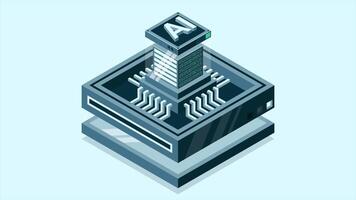 Artificial intelligence micro chip animation. Quantum computing. Artificial intelligence computer. Isometric machine programming. 4K animated in isometric style video