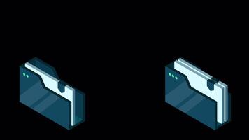 file trasferimento animazione. documento trasferimento fra cartelle. concetto per a distanza connessione fra Due cartelle. dati backup. isometrico nube tecnologia. trasparente sfondo con alfa canale video