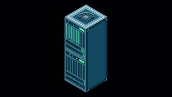 Isometric server animation. Network server room. 3D computer equipment. Storage database. Isometric technology. Transparent background with alpha channel video