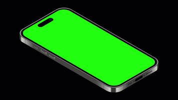 smartphone geanimeerd mockup met groen scherm. realistisch smartphone model. isometrische smartphone animatie. smartphone apparaat isometrische technologie. transparant achtergrond met alpha kanaal video