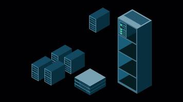 isometrische server animatie. netwerk server kamer. 3d computer apparatuur. opslagruimte databank. isometrische technologie. transparant achtergrond met alpha kanaal video