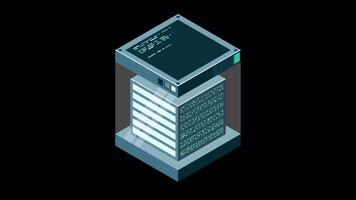 Isometric futuristic server animation. Isometric database or data center. Abstract blockchain. Computer storage. Cloud storage. Transparent background with alpha channel video