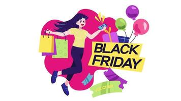 un negro viernes póster con un niña participación un compras bolso video