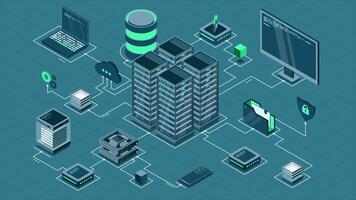 isométrica computadora tecnología animación. cálculo de grande datos centro. nube informática. en línea dispositivos subir y descargar información. 4k animado en isométrica estilo video