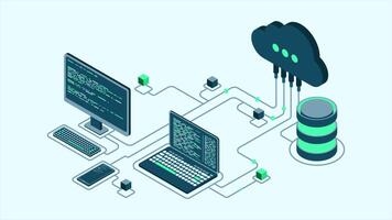 Cloud technology computing animation. Modern cloud technology. Data center isometric concept. Isometric cloud technology with datacenter. Web hosting concept. 4K animated in isometric style video