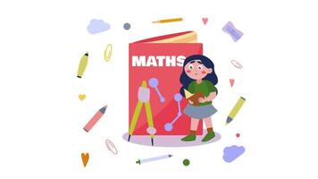 a girl is standing next to a book with the word math on it video