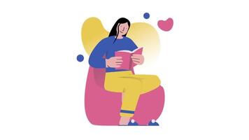 een vrouw is zittend Aan een Boon zak lezing een boek video