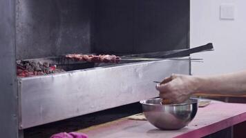 Shish Kebab Master Prepares Lamb Meat For Cooking By Stringing It On Skewers video