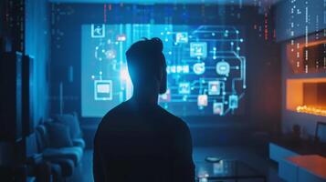 Silhouetted Man Interacting With Futuristic Interface at Night photo